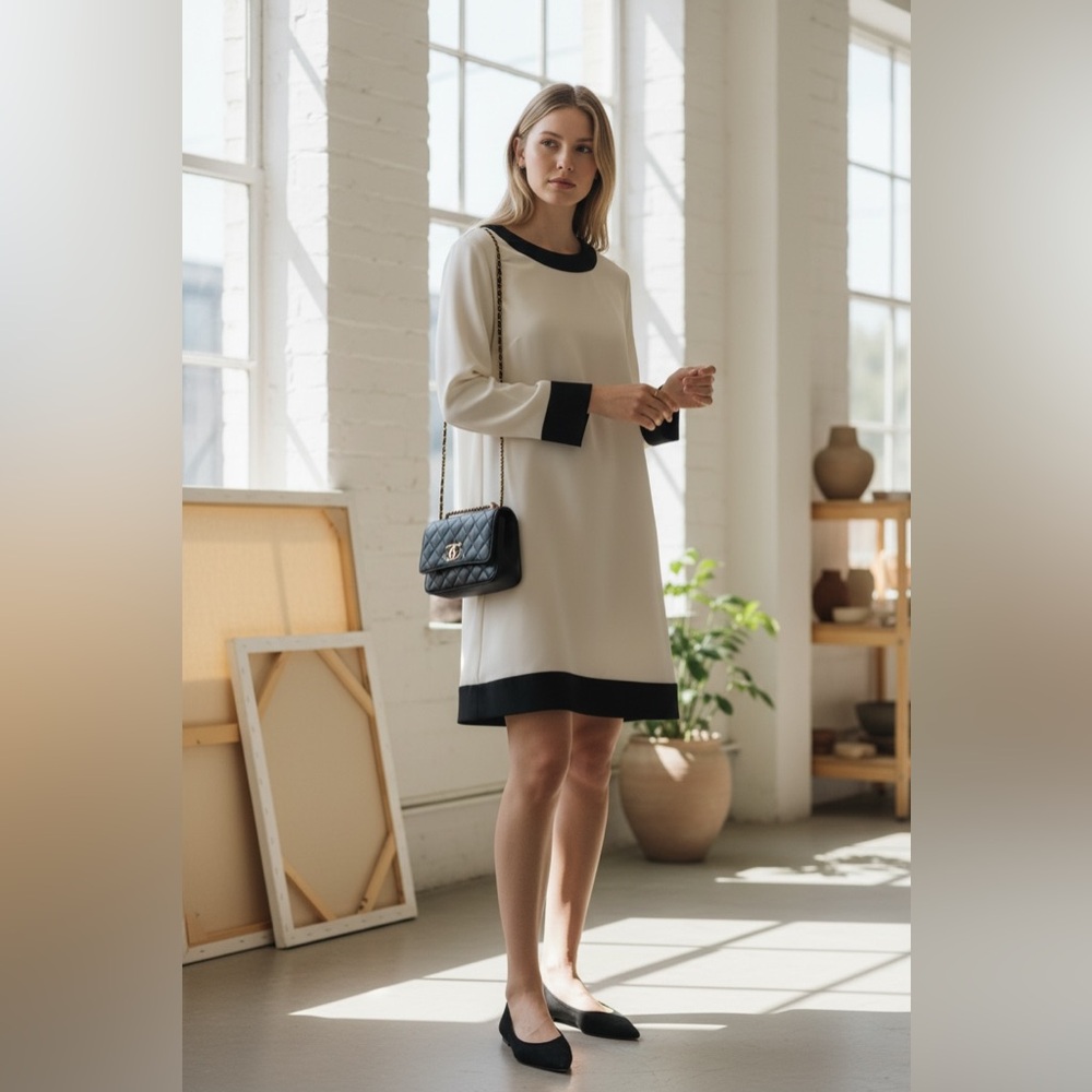 Alice + Olivia Ivory Shift Dress with Black Trim